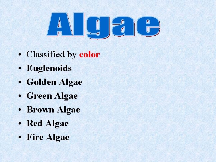  • • Classified by color Euglenoids Golden Algae Green Algae Brown Algae Red