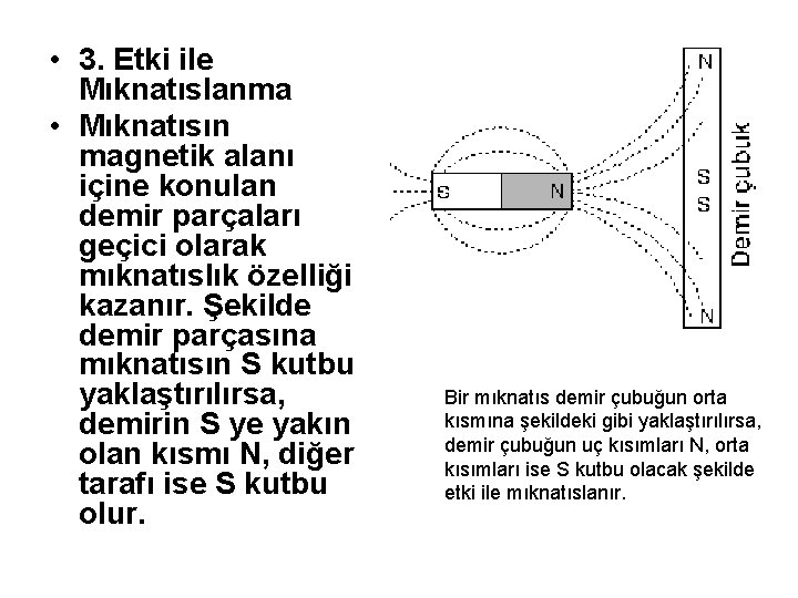  • 3. Etki ile Mıknatıslanma • Mıknatısın magnetik alanı içine konulan demir parçaları