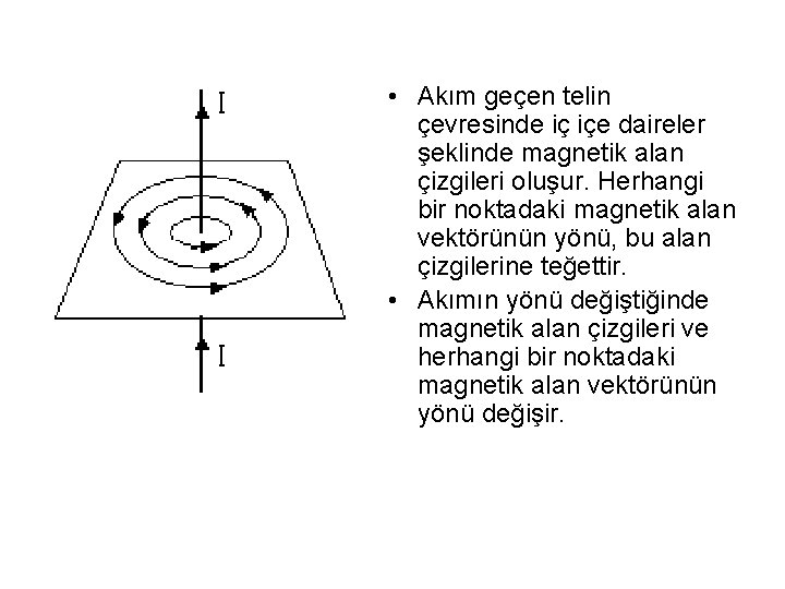  • Akım geçen telin çevresinde iç içe daireler şeklinde magnetik alan çizgileri oluşur.