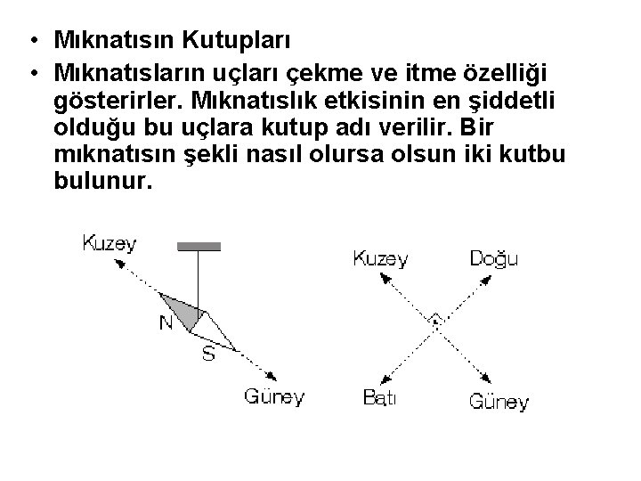  • Mıknatısın Kutupları • Mıknatısların uçları çekme ve itme özelliği gösterirler. Mıknatıslık etkisinin