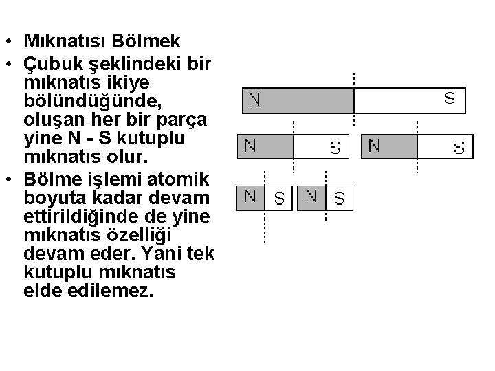  • Mıknatısı Bölmek • Çubuk şeklindeki bir mıknatıs ikiye bölündüğünde, oluşan her bir