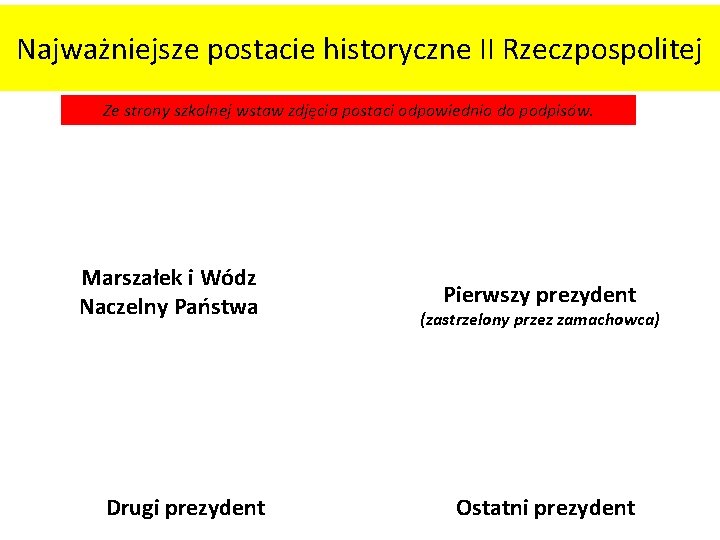 Najważniejsze postacie historyczne II Rzeczpospolitej Ze strony szkolnej wstaw zdjęcia postaci odpowiednio do podpisów.