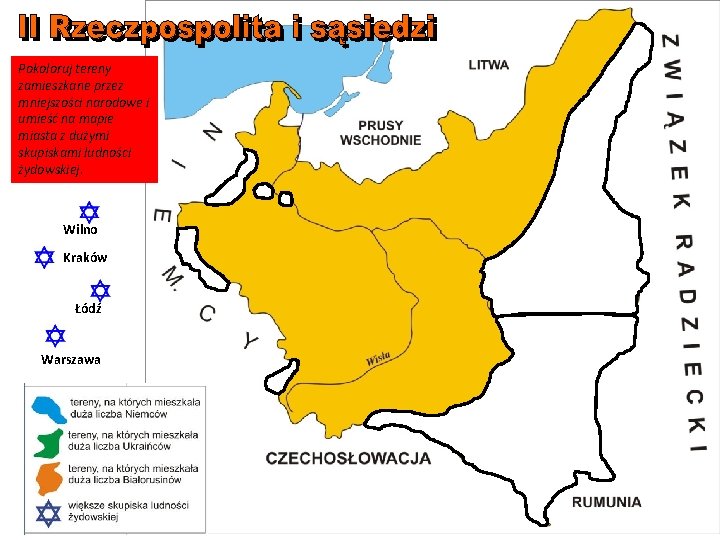 Pokoloruj tereny zamieszkane przez mniejszości narodowe i umieść na mapie miasta z dużymi skupiskami