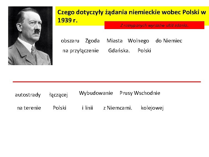 Czego dotyczyły żądania niemieckie wobec Polski w 1939 r. Z rozsypanych wyrazów ułóż zdania.