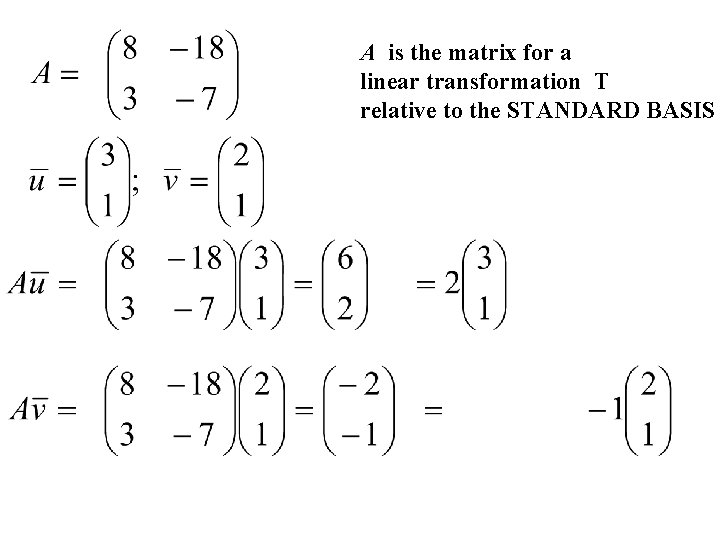 A is the matrix for a linear transformation T relative to the STANDARD BASIS