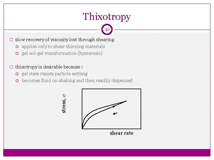 Thixotropy 42 � slow recovery of viscosity lost through shearing applies only to shear