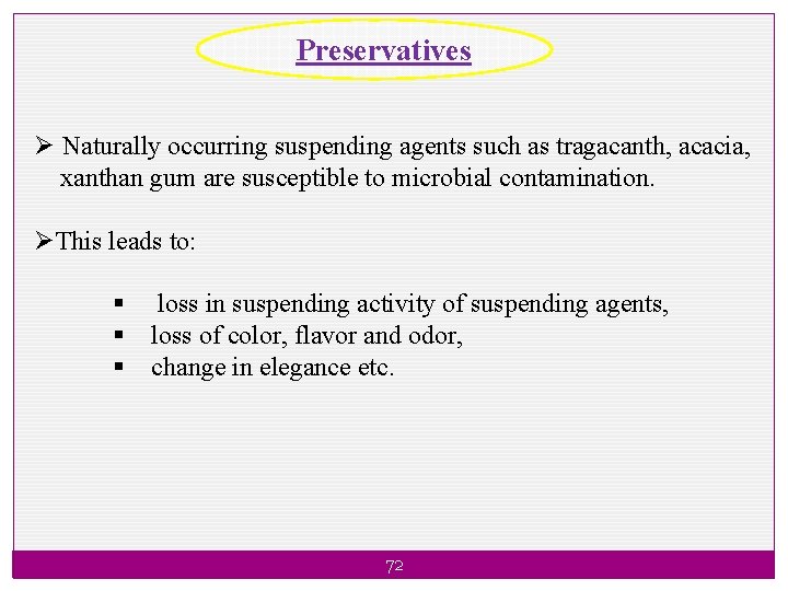 Preservatives Ø Naturally occurring suspending agents such as tragacanth, acacia, xanthan gum are susceptible