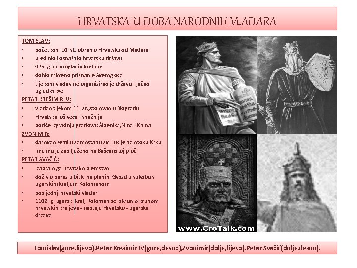 HRVATSKA U DOBA NARODNIH VLADARA TOMISLAV: • početkom 10. st. obranio Hrvatsku od Mađara HRVATSKA U DOBA NARODNIH VLADARA TOMISLAV: • početkom 10. st. obranio Hrvatsku od Mađara