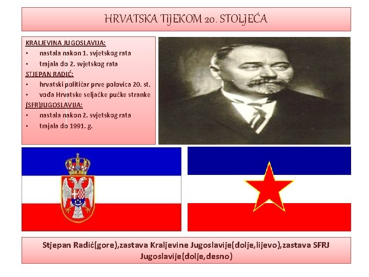 HRVATSKA TIJEKOM 20. STOLJEĆA KRALJEVINA JUGOSLAVIJA: • nastala nakon 1. svjetskog rata • trajala HRVATSKA TIJEKOM 20. STOLJEĆA KRALJEVINA JUGOSLAVIJA: • nastala nakon 1. svjetskog rata • trajala