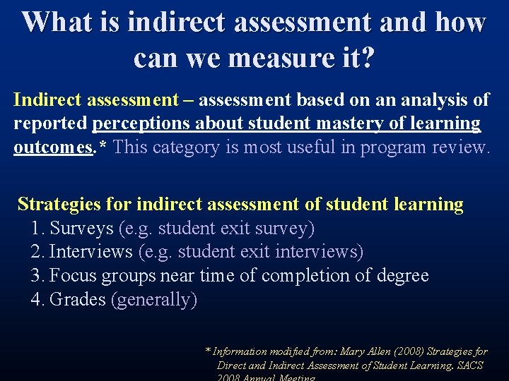 What is indirect assessment and how can we measure it? Indirect assessment – assessment What is indirect assessment and how can we measure it? Indirect assessment – assessment