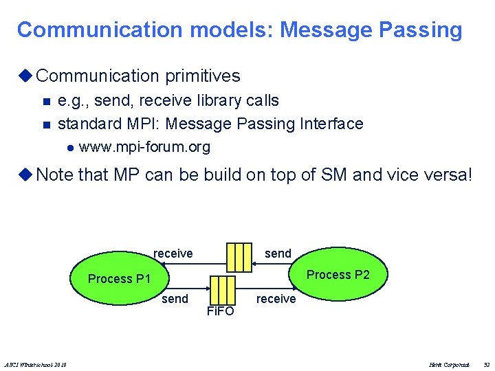 Communication models: Message Passing u Communication primitives n e. g. , send, receive library