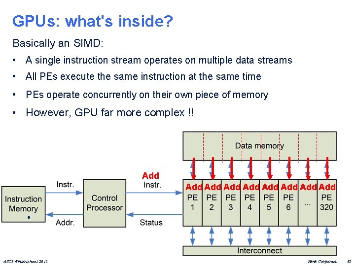 GPUs: what's inside? Basically an SIMD: • A single instruction stream operates on multiple
