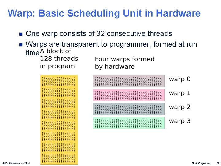 Warp: Basic Scheduling Unit in Hardware n n One warp consists of 32 consecutive