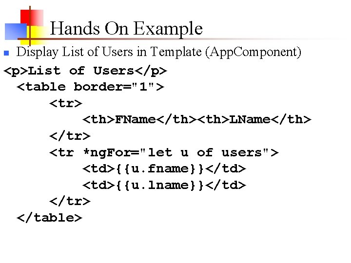Hands On Example Display List of Users in Template (App. Component) <p>List of Users</p> Hands On Example Display List of Users in Template (App. Component) <p>List of Users</p>