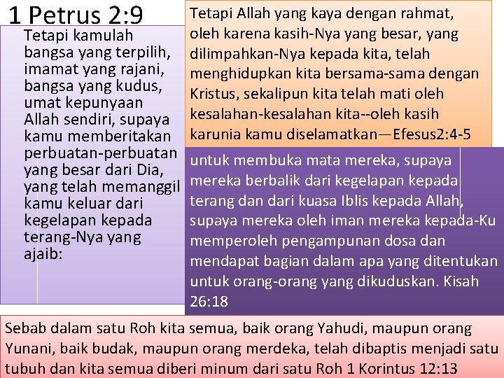 1 Petrus 2: 9 Tetapi kamulah bangsa yang terpilih, imamat yang rajani, bangsa yang