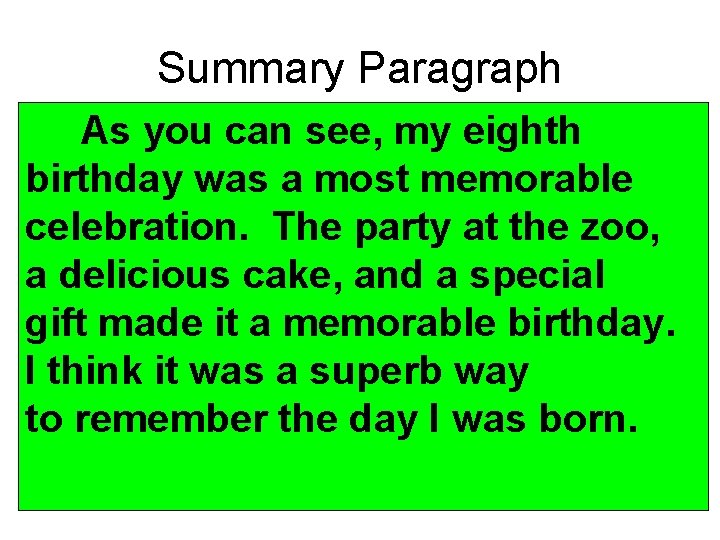 Summary Paragraph As you can see, my eighth birthday was a most memorable celebration.