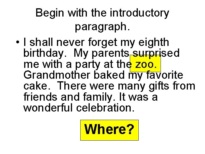 Begin with the introductory paragraph. • I shall never forget my eighth birthday. My