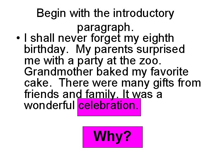 Begin with the introductory paragraph. • I shall never forget my eighth birthday. My