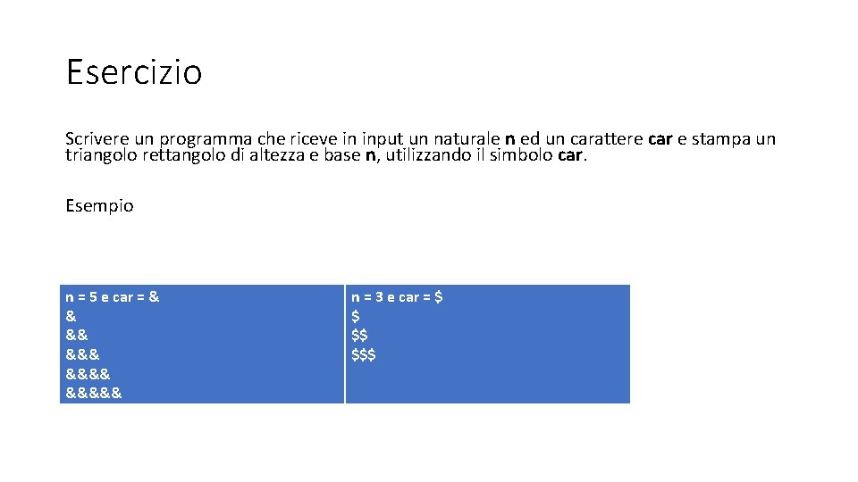 Esercizio Scrivere un programma che riceve in input un naturale n ed un carattere