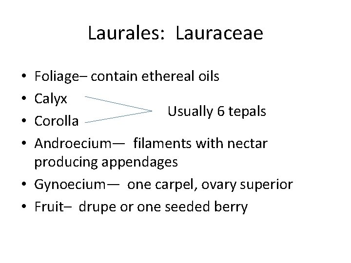 Laurales: Lauraceae Foliage– contain ethereal oils Calyx Usually 6 tepals Corolla Androecium— filaments with