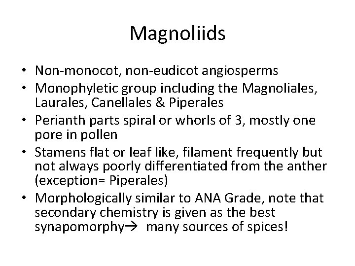 Magnoliids • Non-monocot, non-eudicot angiosperms • Monophyletic group including the Magnoliales, Laurales, Canellales &