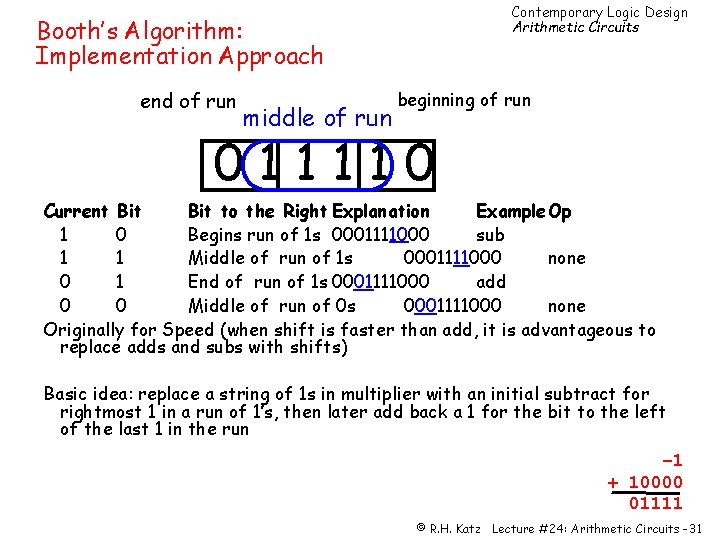 Contemporary Logic Design Arithmetic Circuits Booth’s Algorithm: Implementation Approach end of run middle of