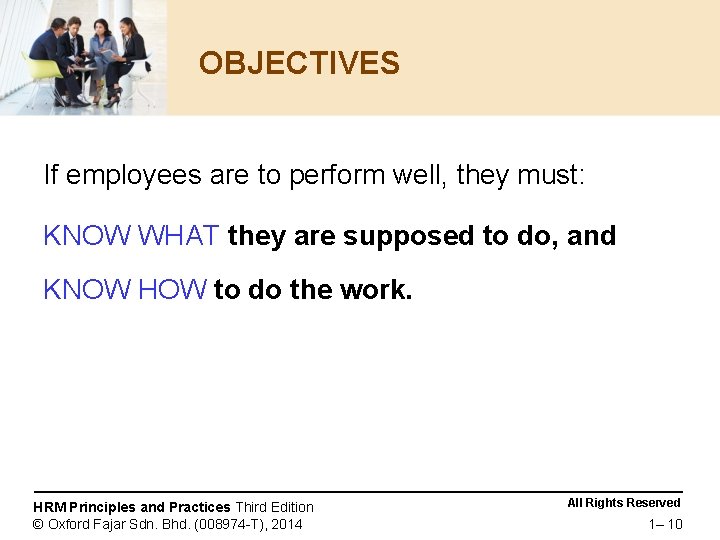 OBJECTIVES If employees are to perform well, they must: KNOW WHAT they are supposed