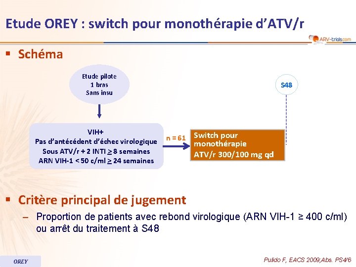 Etude OREY : switch pour monothérapie d’ATV/r § Schéma Etude pilote 1 bras Sans