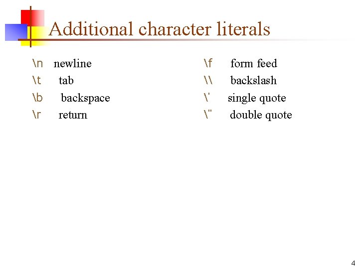 Additional character literals n newline t tab b backspace r return f \ '