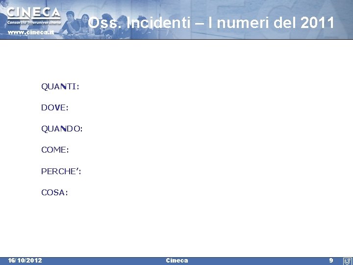 www. cineca. it Oss. Incidenti – I numeri del 2011 QUANTI: DOVE: QUANDO: COME: