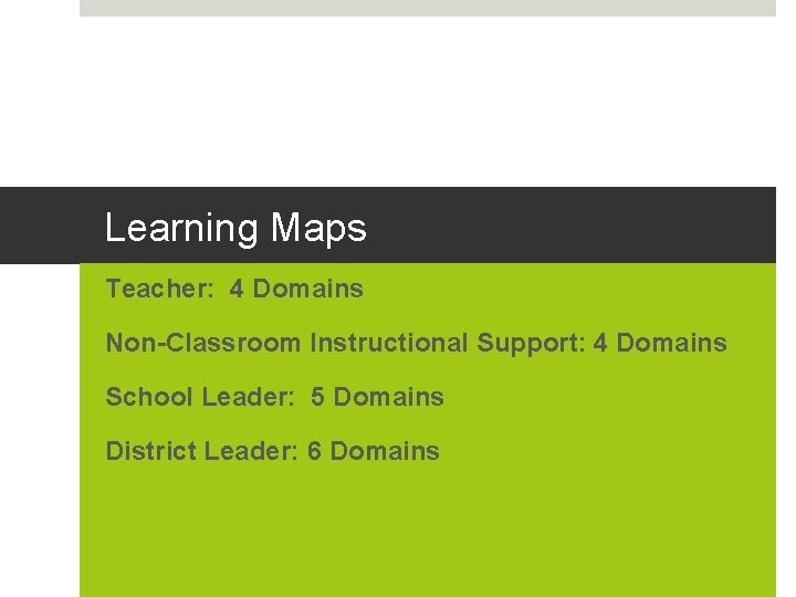 Learning Maps Teacher: 4 Domains Non-Classroom Instructional Support: 4 Domains School Leader: 5 Domains