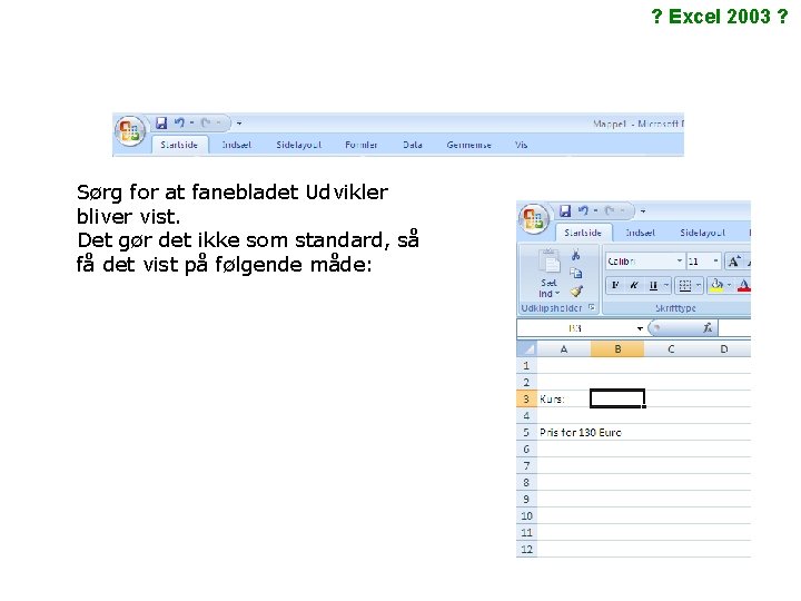 ? Excel 2003 ? Sørg for at fanebladet Udvikler bliver vist. Det gør det