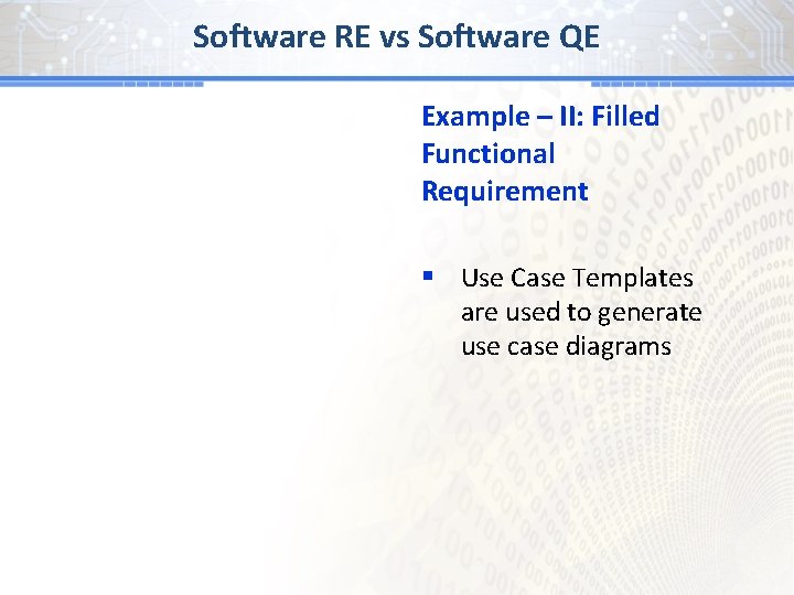 Software RE vs Software QE Example – II: Filled Functional Requirement § Use Case