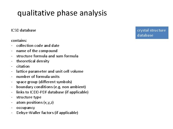 qualitative phase analysis ICSD database contains: - collection code and date - name of