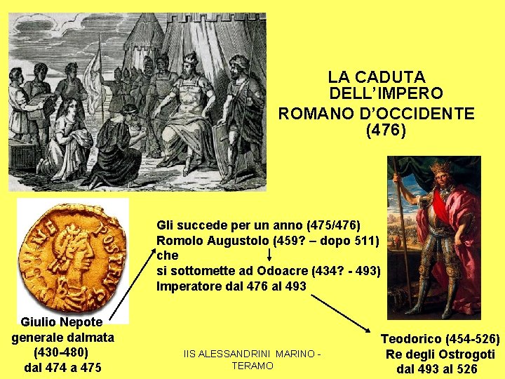 LA CADUTA DELL’IMPERO ROMANO D’OCCIDENTE (476) Gli succede per un anno (475/476) Romolo Augustolo