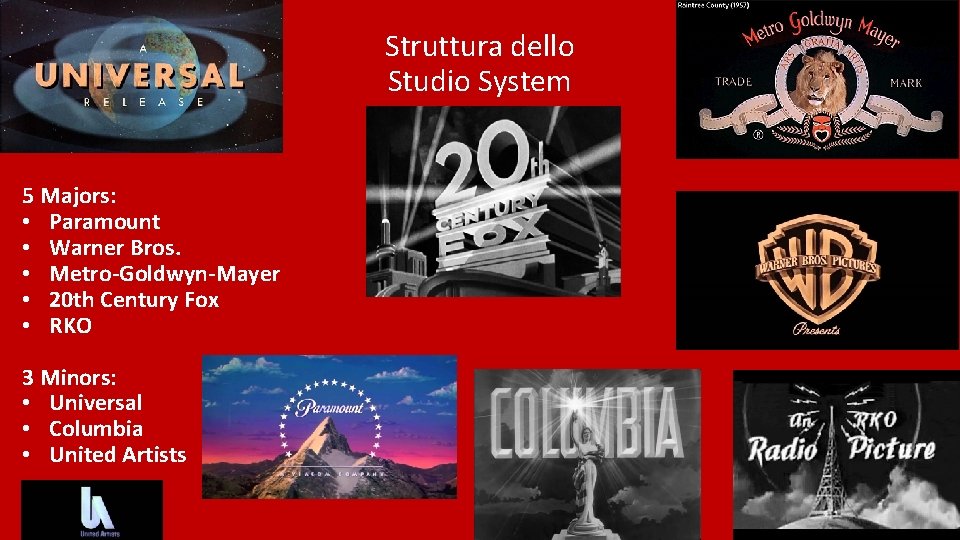 Struttura dello Studio System 5 Majors: • Paramount • Warner Bros. • Metro-Goldwyn-Mayer •