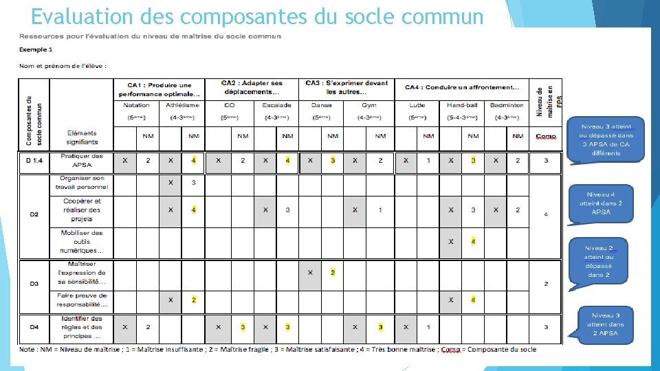 Evaluation des composantes du socle commun 