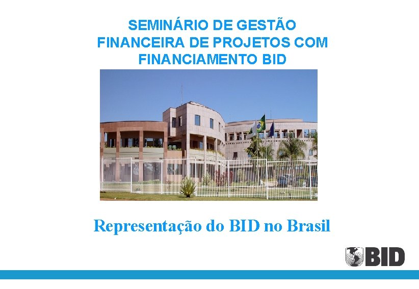 SEMINÁRIO DE GESTÃO FINANCEIRA DE PROJETOS COM FINANCIAMENTO BID Representação do BID no Brasil