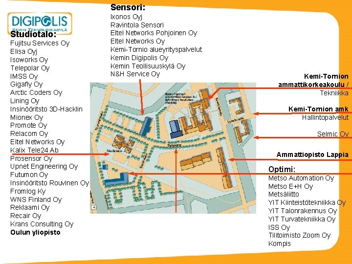 Sensori: Studiotalo: Fujitsu Services Oy Elisa Oyj Isoworks Oy Telepolar Oy IMSS Oy Gigafly