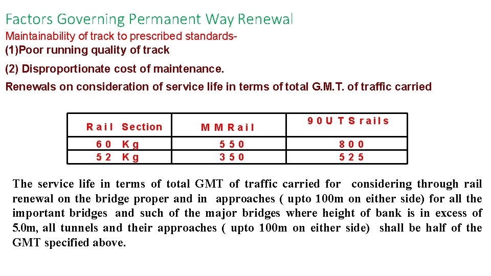 Factors Governing Permanent Way Renewal Maintainability of track to prescribed standards(1)Poor running quality of