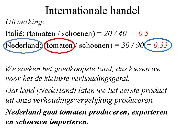 Internationale handel Uitwerking: Italië: (tomaten / schoenen) = 20 / 40 = 0, 5