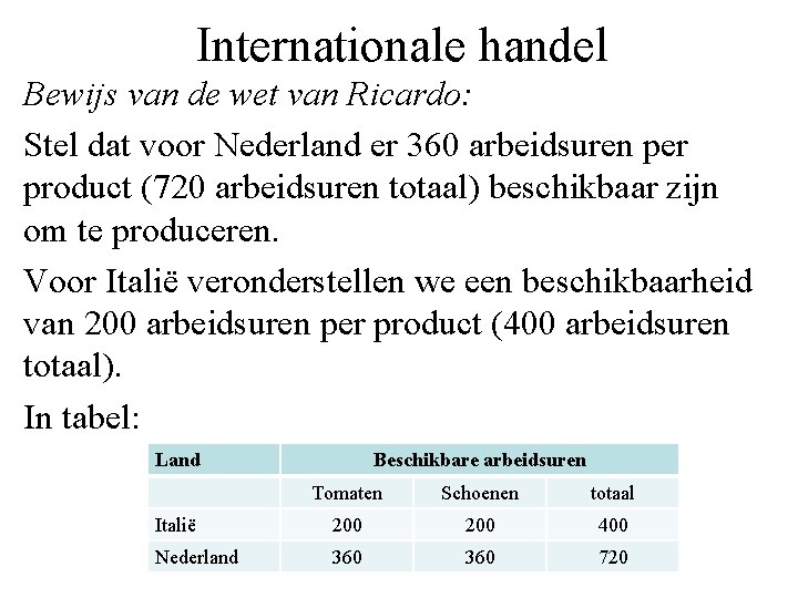 Internationale handel Bewijs van de wet van Ricardo: Stel dat voor Nederland er 360