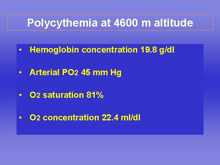 Polycythemia at 4600 m altitude • Hemoglobin concentration 19. 8 g/dl • Arterial PO