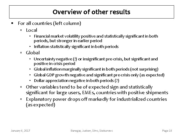 Overview of other results § For all countries (left column) ▫ Local • Financial