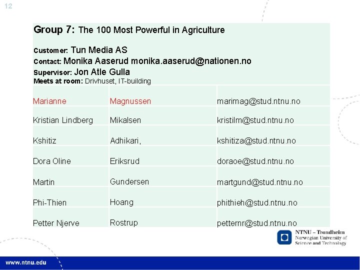 12 Group 7: The 100 Most Powerful in Agriculture Customer: Tun Media AS Contact: