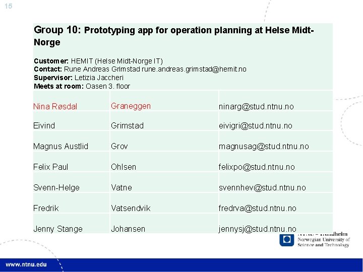 15 Group 10: Prototyping app for operation planning at Helse Midt. Norge Customer: HEMIT