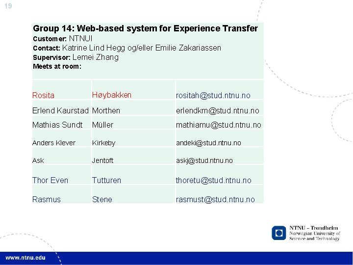 19 Group 14: Web-based system for Experience Transfer Customer: NTNUI Contact: Katrine Lind Hegg