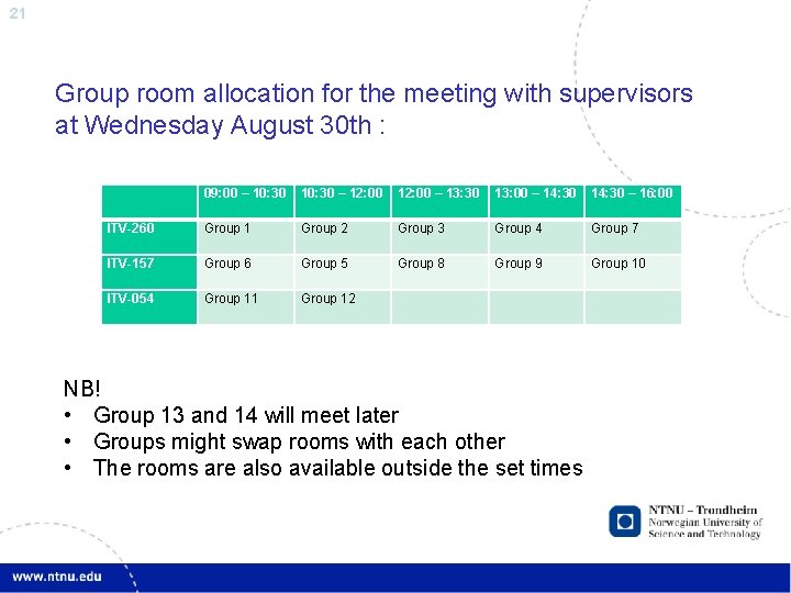 21 Group room allocation for the meeting with supervisors at Wednesday August 30 th