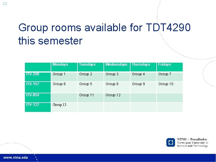 22 Group rooms available for TDT 4290 this semester Mondays Tuesdays Wednesdays Thursdays Fridays