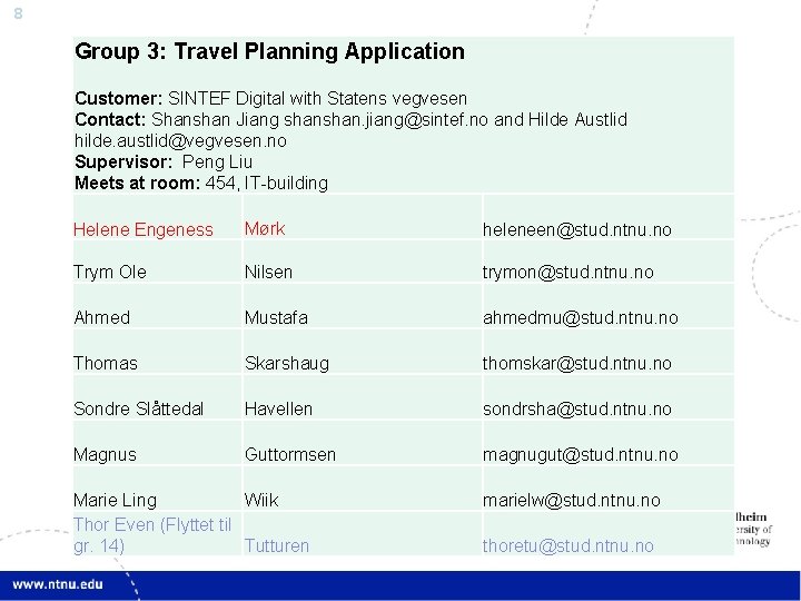 8 Group 3: Travel Planning Application Customer: SINTEF Digital with Statens vegvesen Contact: Shanshan